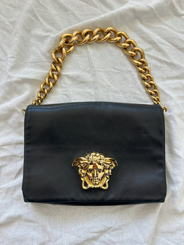 Versace Black Leather Gold Chain Shoulder Bag