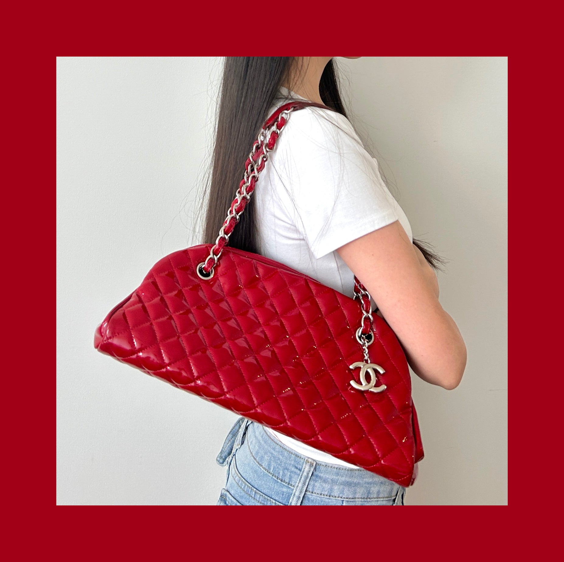 Chanel Pre-Owned Large Red Glazed Calfskin Mademoiselle Bowling Shoulder Bag