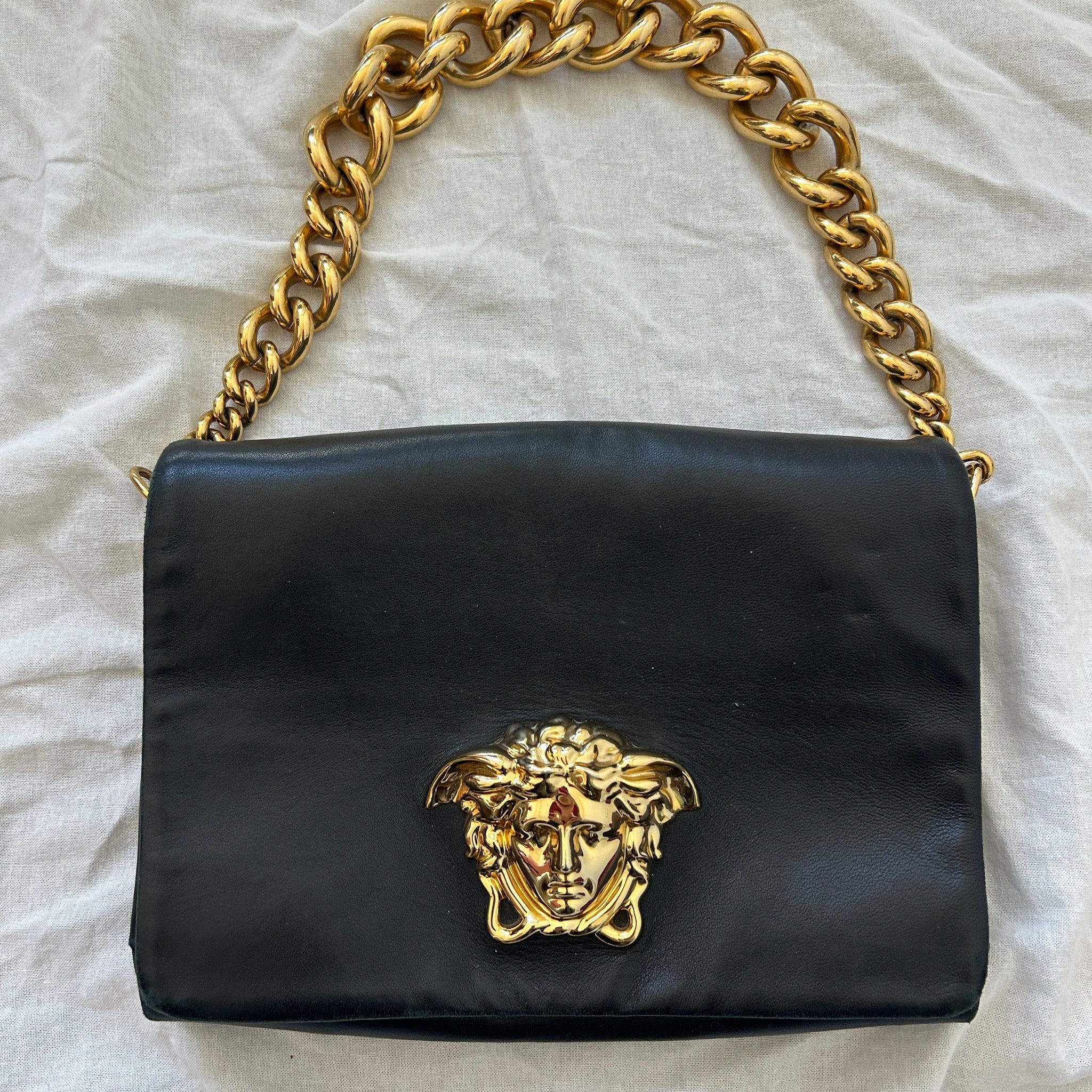 Versace Black Leather Gold Chain Shoulder Bag