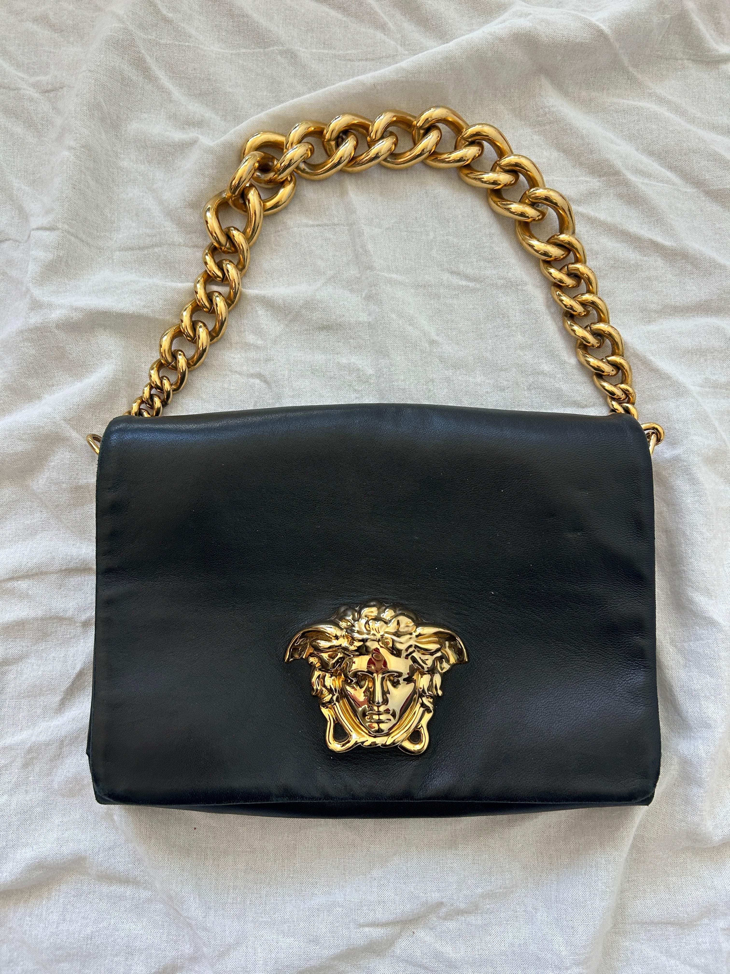 Versace Black Leather Gold Chain Shoulder Bag