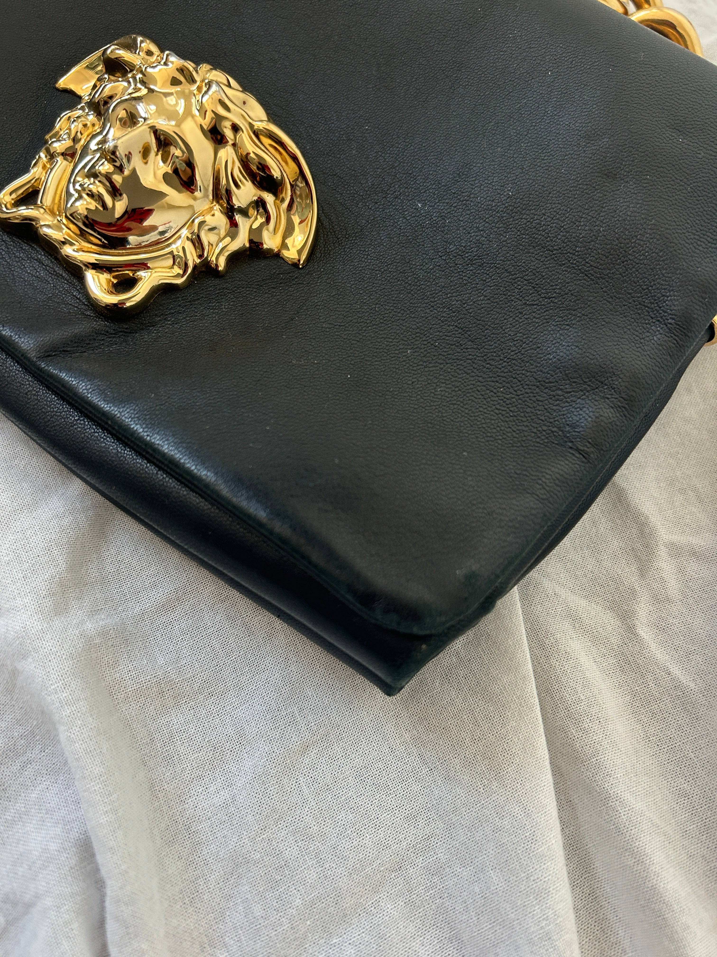 Versace Black Leather Gold Chain Shoulder Bag